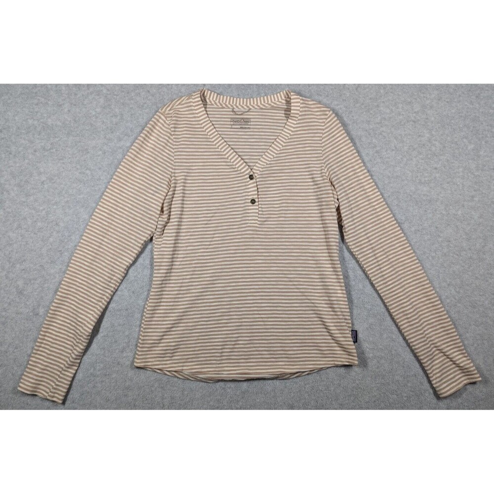 Patagonia Women Top Small Long‎ Sleeve Striped Knit Stretch Vneck Organic Cotton